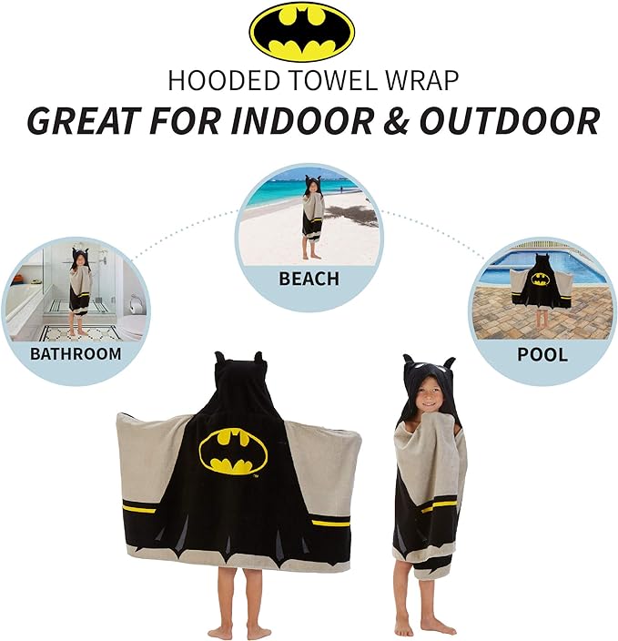 A Franco - Toalla de felpa de algodón suave con capucha para baño y playa para niños, 24 x 50 pulgadas, Batman.