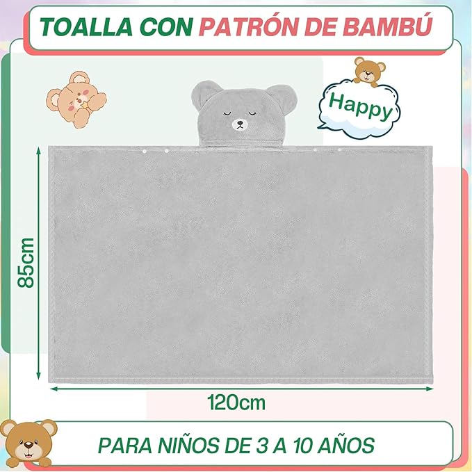 A Tucorresi Toalla de baño con Capucha para niños - Ultra Suave y Extragrande, con Capucha para niñas y niño de 2 a 9 Años,85 * 120cm,La osa Menor (Gris).