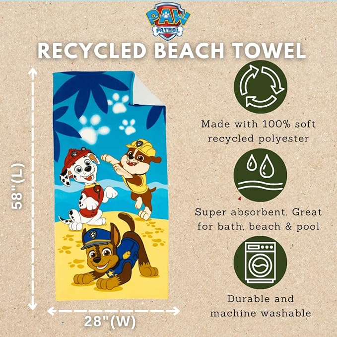 A Franco Paw Patrol Kids - Toalla de baño, 100% reciclada, súper Suave, Ligera, Hecha de Botellas de plástico recicladas, 58 x 28 Pulgadas, (Producto Oficial de la Patrulla Canina).