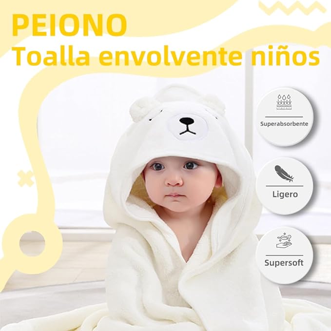 A PEIONO Toalla para Niños, Toalla de Baño con Capucha para Niños, Superabsorbente, Cómodo y Suave Forro Polar, Paquete de una Sola Pieza, Absorbe Rápidamente el Agua Que tu Hijo no Pase Frío(Blanco).