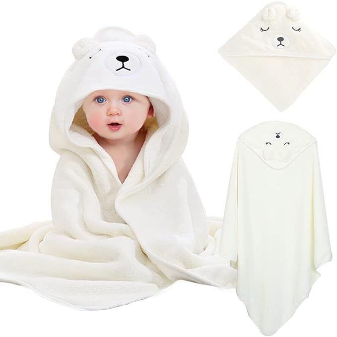 A PEIONO Toalla para Niños, Toalla de Baño con Capucha para Niños, Superabsorbente, Cómodo y Suave Forro Polar, Paquete de una Sola Pieza, Absorbe Rápidamente el Agua Que tu Hijo no Pase Frío(Blanco).