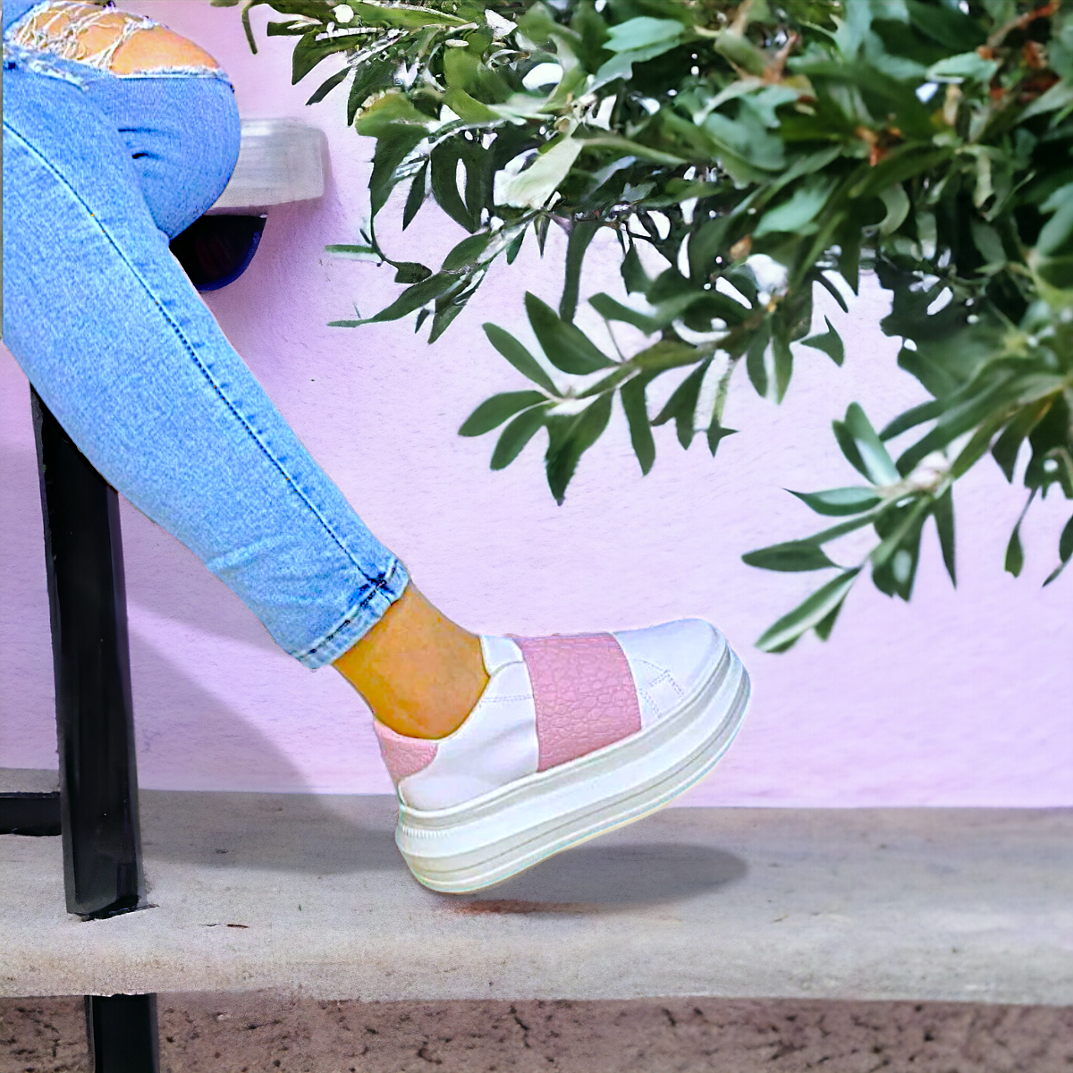 Tenis De Dama Blanco Rosa Plataforma Casuales Urbanos Moda LAS CUATAS.