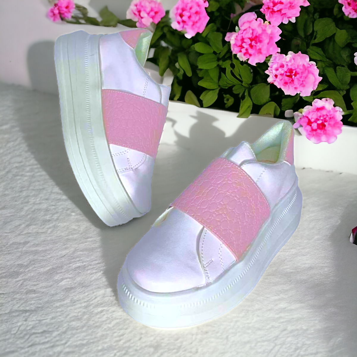 Tenis De Dama Blanco Rosa Plataforma Casuales Urbanos Moda LAS CUATAS.