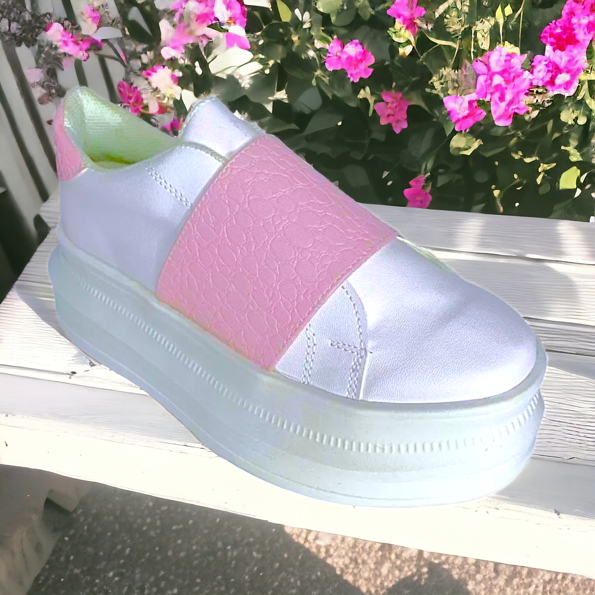 Tenis De Dama Blanco Rosa Plataforma Casuales Urbanos Moda LAS CUATAS.