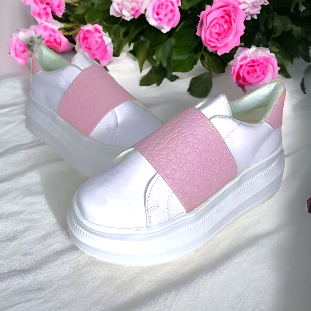 Tenis De Dama Blanco Rosa Plataforma Casuales Urbanos Moda LAS CUATAS.