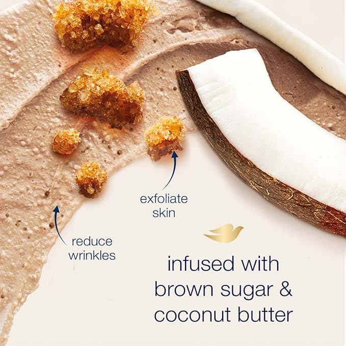 A Dove, Exfoliating Body Polish, Brown Sugar and Coco Butter, Exfoliante Corporal, Azúcar Morena y Manteca de Coco, Piel Suave e Hidratada, Sin Sulfatos, 298 gramos.