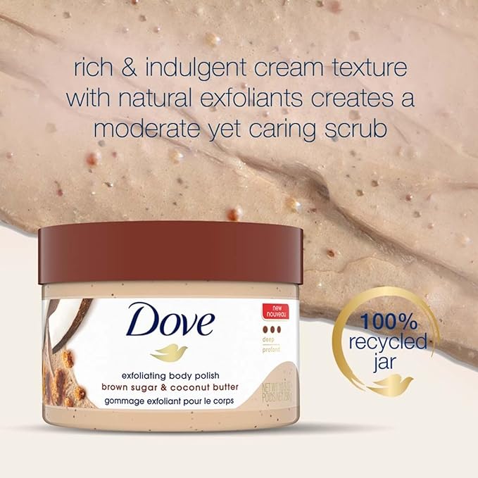 A Dove, Exfoliating Body Polish, Brown Sugar and Coco Butter, Exfoliante Corporal, Azúcar Morena y Manteca de Coco, Piel Suave e Hidratada, Sin Sulfatos, 298 gramos.