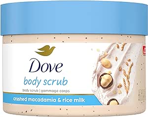 A Dove, Exfoliating Body Polish, Macadamia and Rice Milk, Exfoliante Corporal, Macadamia y Leche de Arroz, Piel Suave y Nutrida, Sin Sulfatos, 298 gramos.