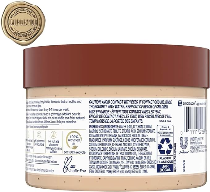 A Dove, Exfoliating Body Polish, Brown Sugar and Coco Butter, Exfoliante Corporal, Azúcar Morena y Manteca de Coco, Piel Suave e Hidratada, Sin Sulfatos, 298 gramos.