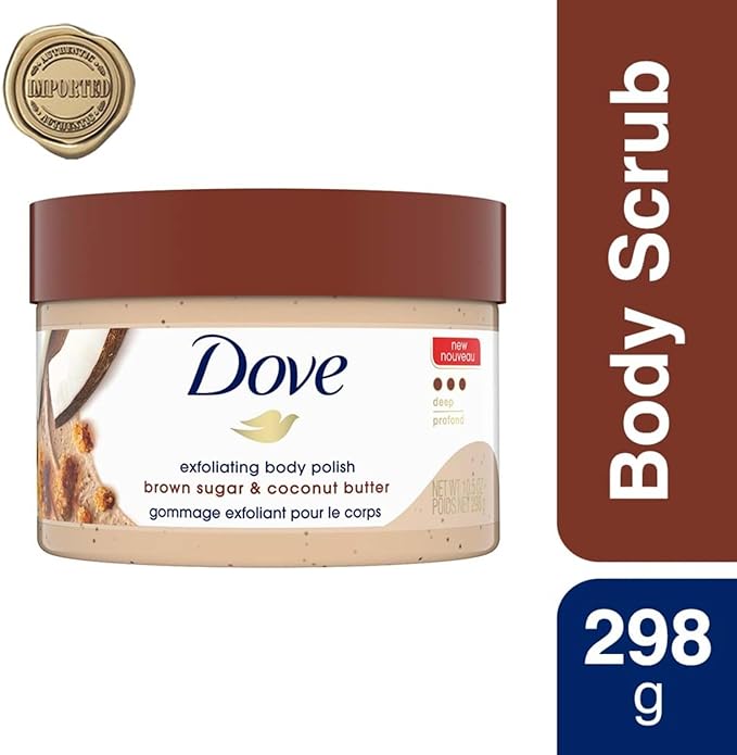 A Dove, Exfoliating Body Polish, Brown Sugar and Coco Butter, Exfoliante Corporal, Azúcar Morena y Manteca de Coco, Piel Suave e Hidratada, Sin Sulfatos, 298 gramos.