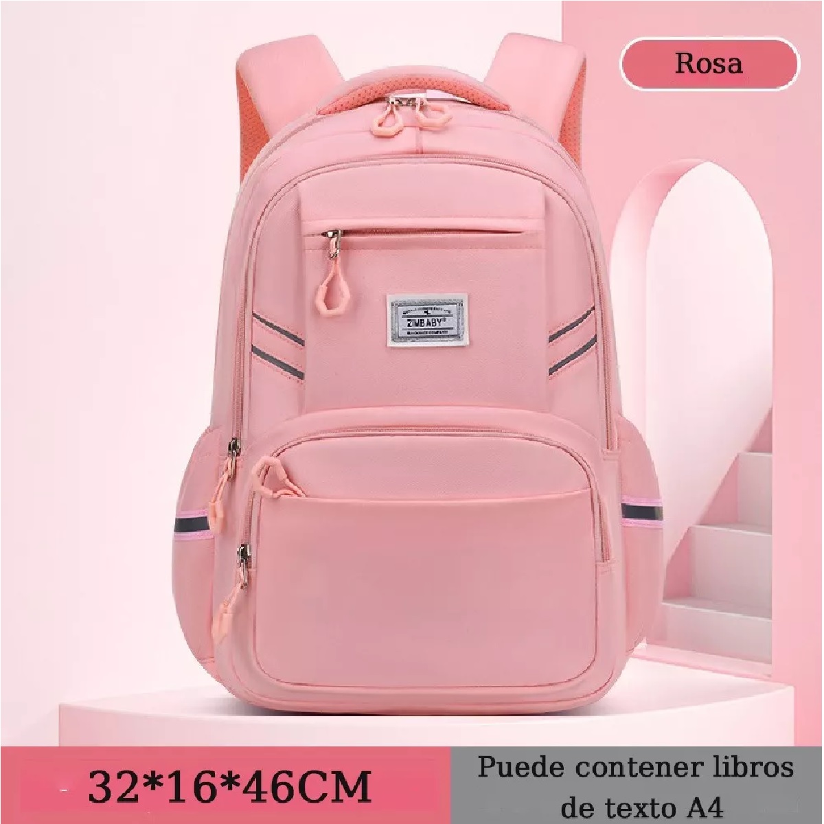 Mochila Escolar Poliéster Alta Capacidad Impermeable Rosa.
