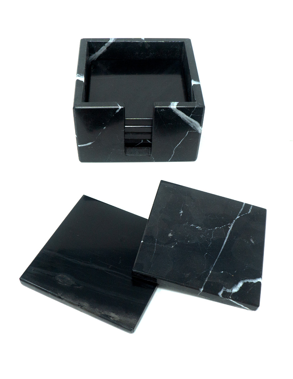 LUHOM LUJOSO HOGAR MEXICO Set de 6 Portavasos cuadrado de Mármol Natural, Negro Monterrey 
