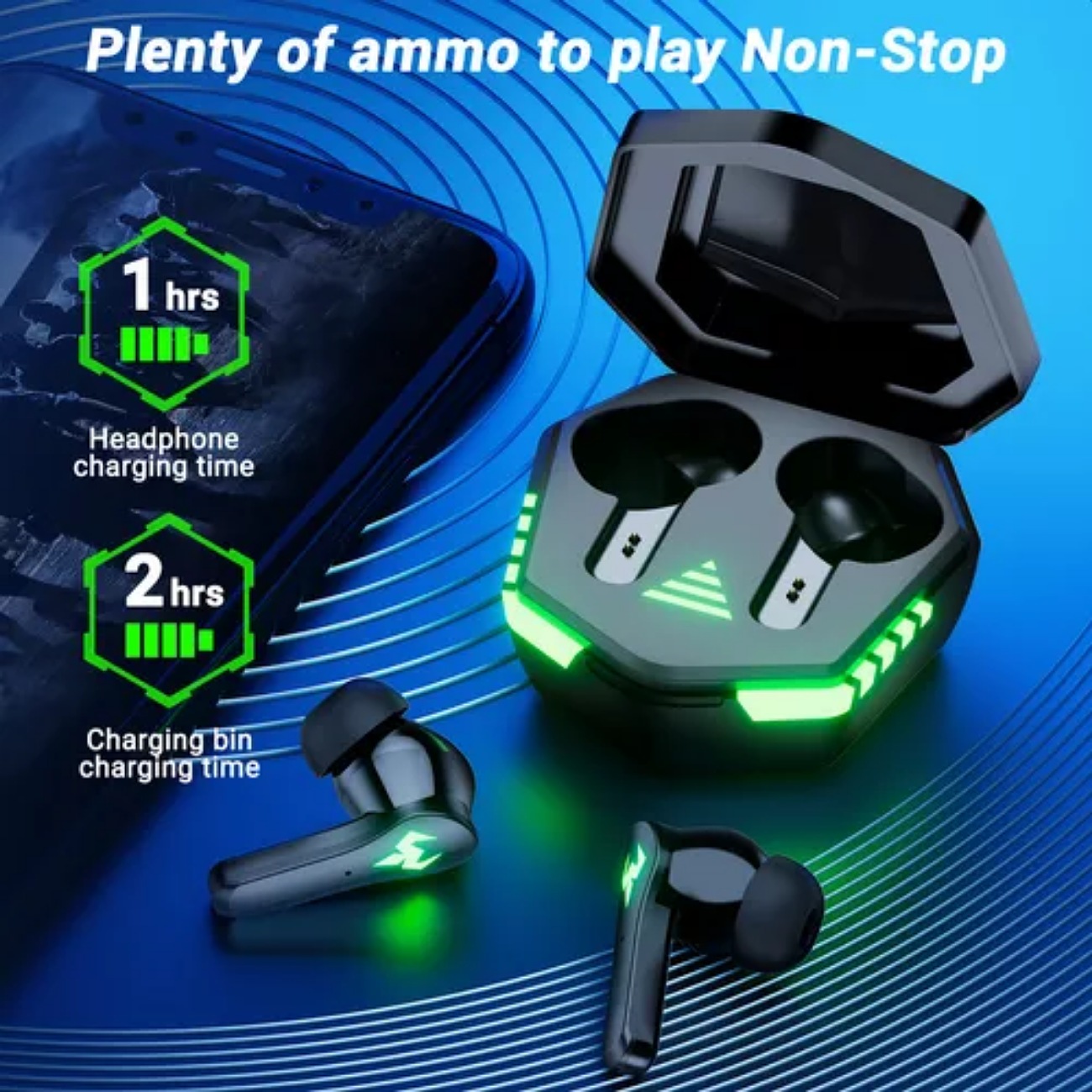 Audífonos Bluetooth inalámbricos in-ear gamer Occiam N35 negro con luz verde LED