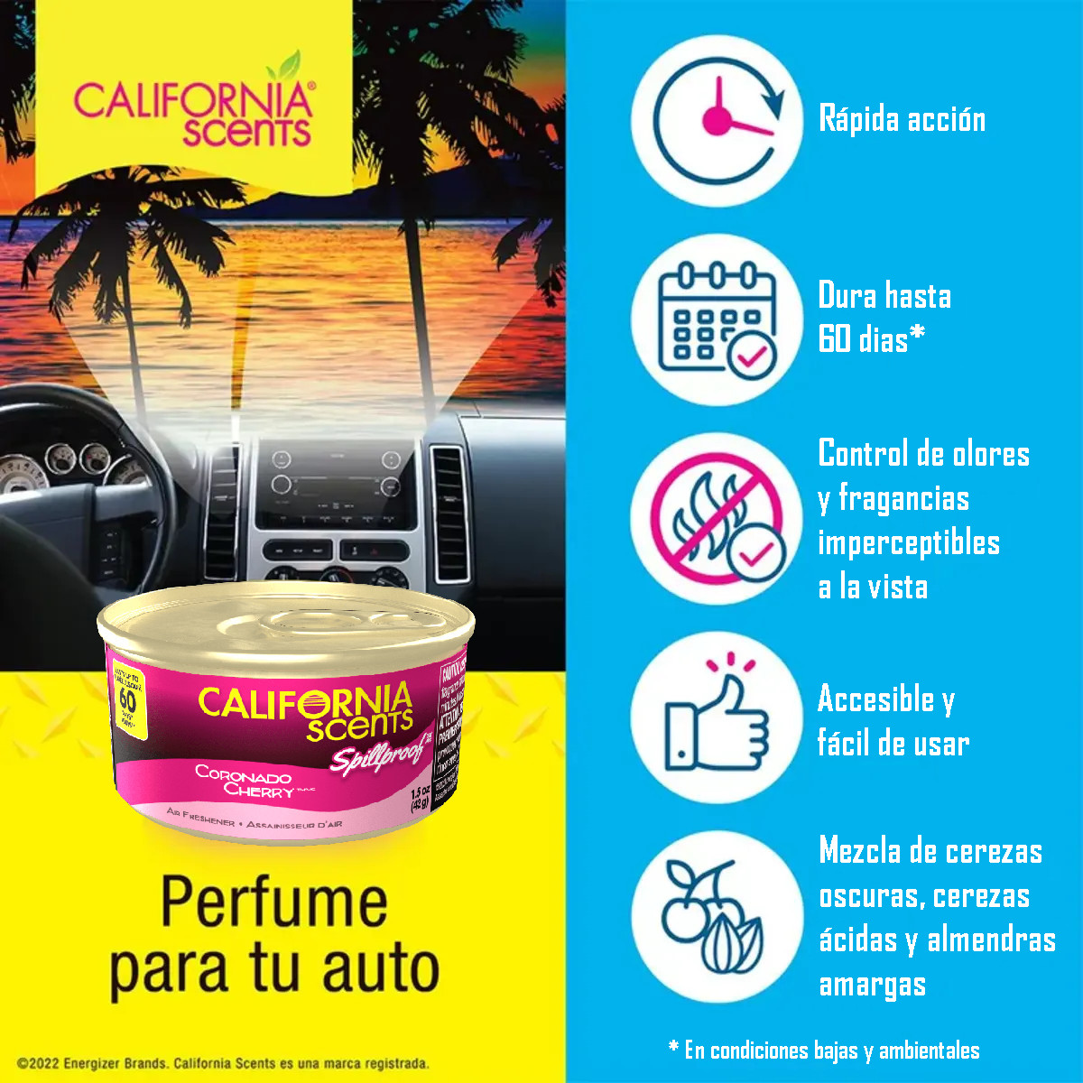 Aromatizante Auto California Scents Cherry corcho 60 días.