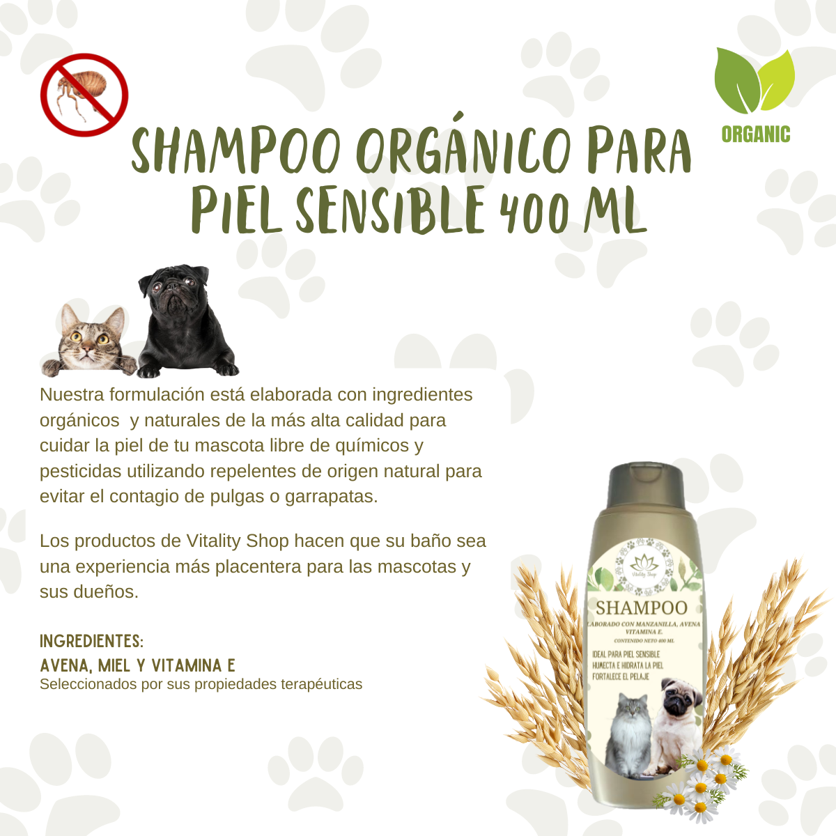 Shampoo organico natural piel sensible anti pulgas mascotas 400ml.