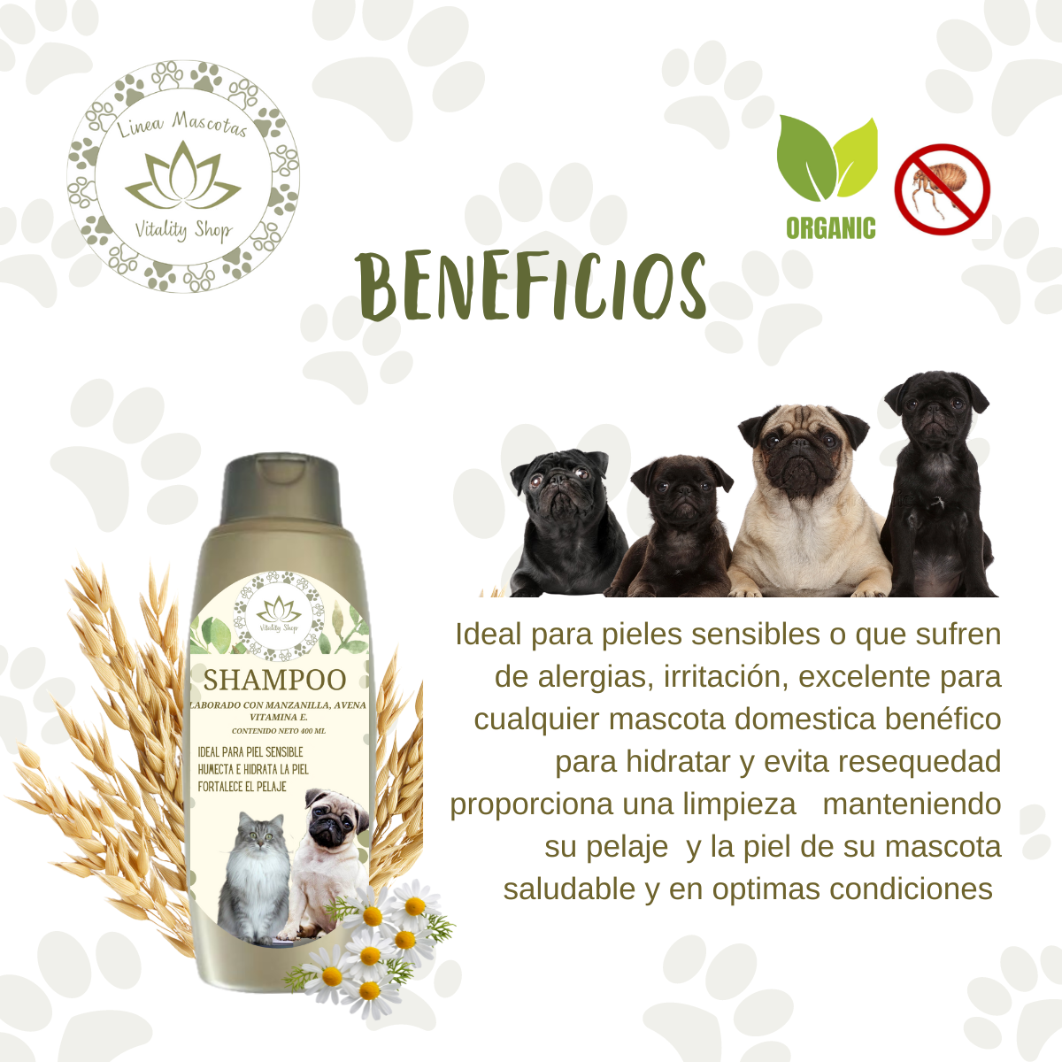 Shampoo organico natural piel sensible anti pulgas mascotas 400ml.