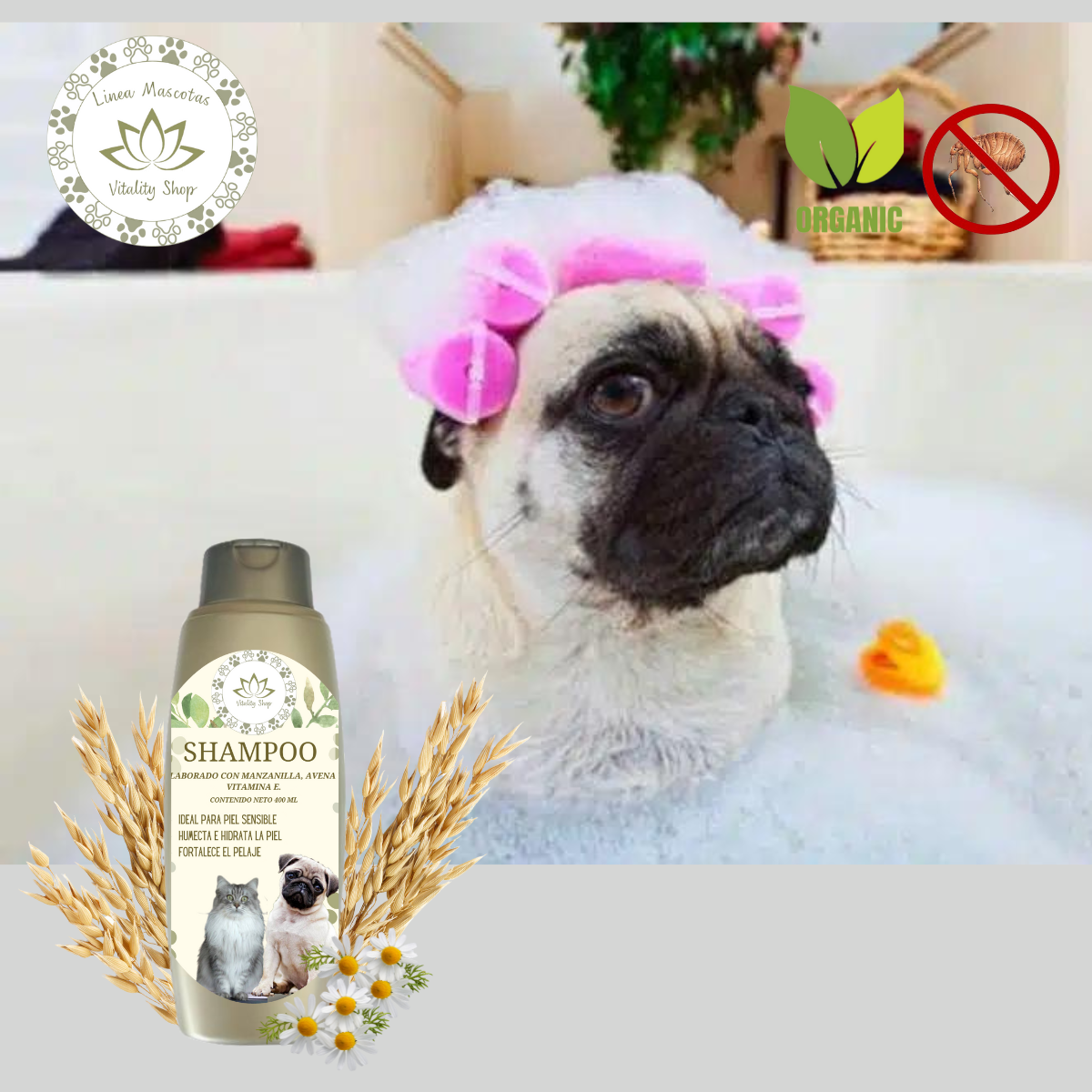 Shampoo organico natural piel sensible anti pulgas mascotas 400ml.