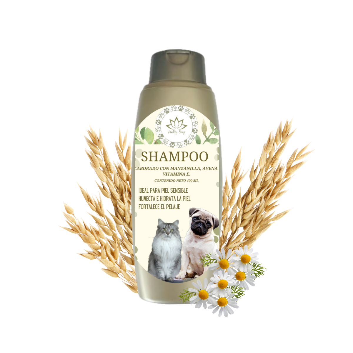 Shampoo organico natural piel sensible anti pulgas mascotas 400ml.