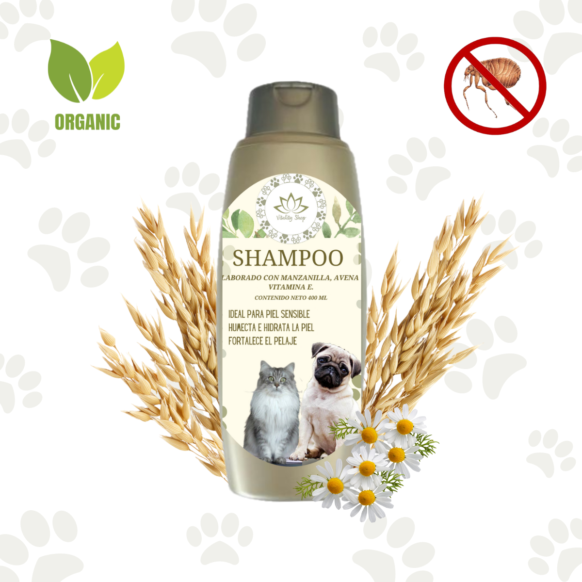 Shampoo organico natural piel sensible anti pulgas mascotas 400ml.