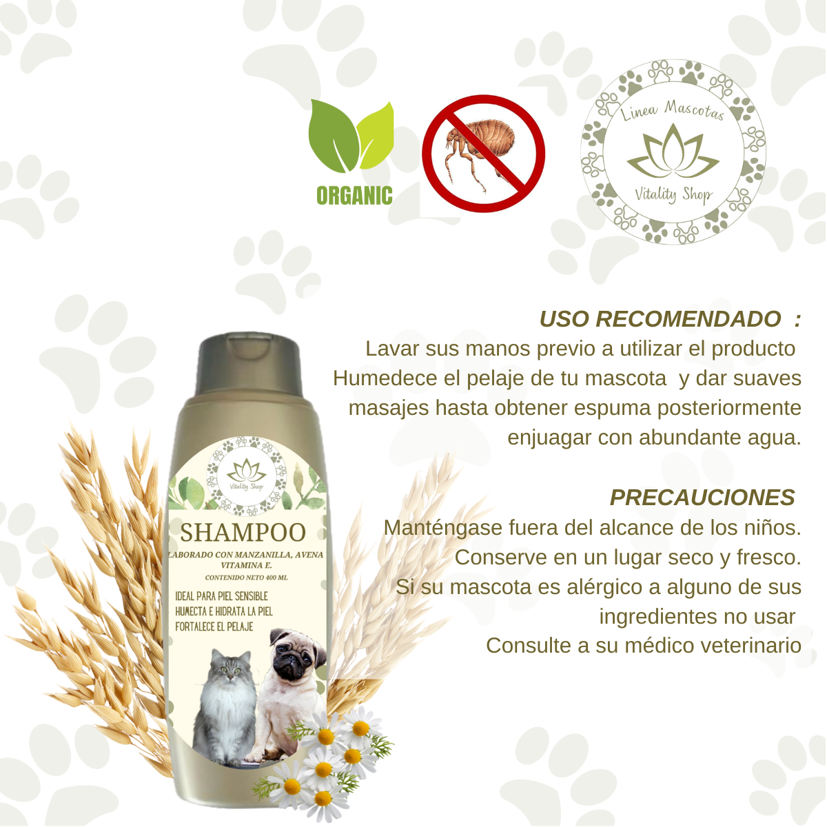 Shampoo organico natural piel sensible anti pulgas mascotas 400ml.