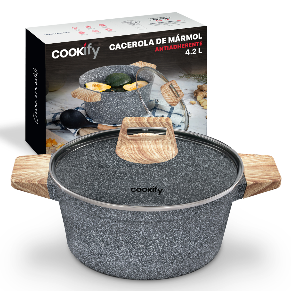 Olla Cacerola Antiadherente Con Tapa 24 cm Mármol Gris Cookify.