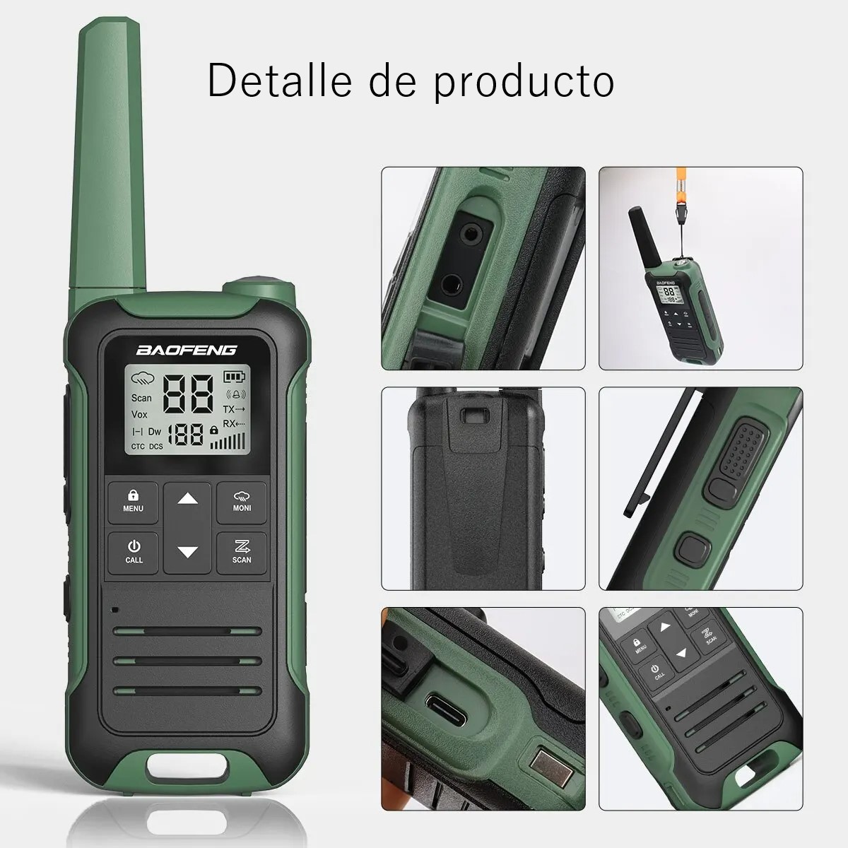 Walkie talkie Radio verde bidireccional carga tipo C de largo alcance recargable viaje Camping.