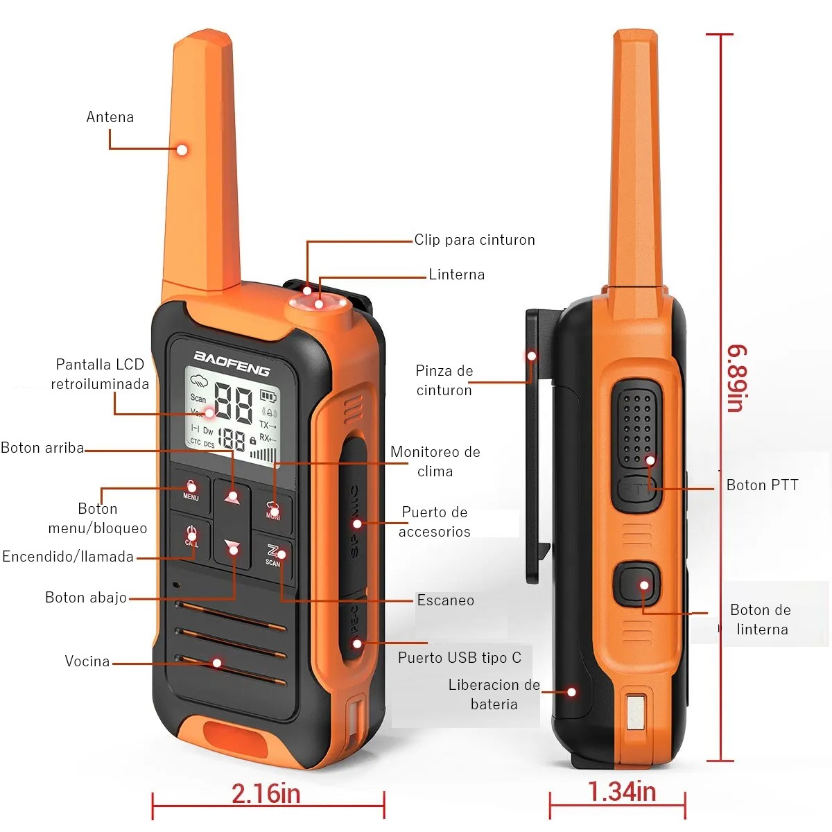 Walkie talkie Radio verde bidireccional carga tipo C de largo alcance recargable viaje Camping.