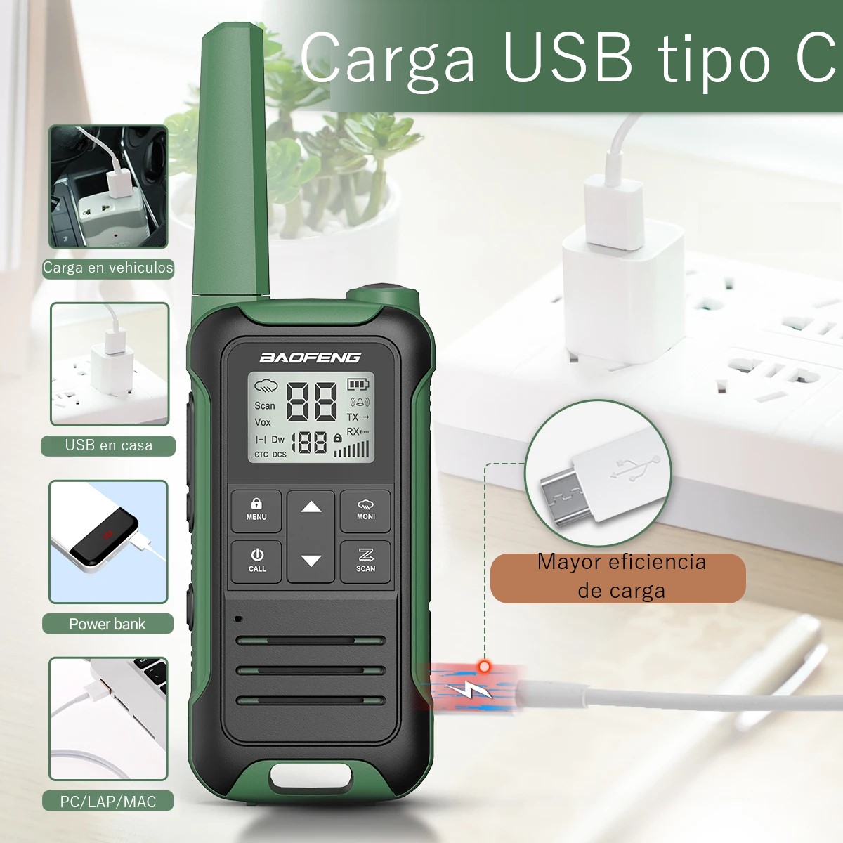 Walkie talkie Radio verde bidireccional carga tipo C de largo alcance recargable viaje Camping.