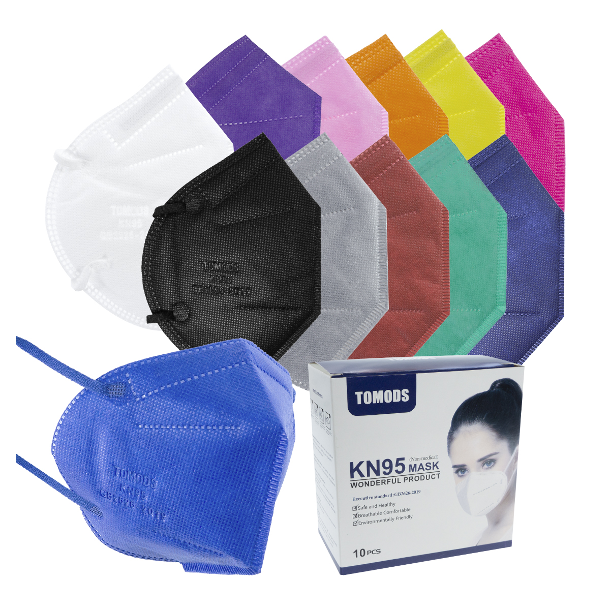 12 Cubrebocas Kn95 Tomods Certificado Con 4 Capas De Protección Para Adulto. Mascarilla Fabricada En Polipropileno, Algodón Y Elástico, Desechables.