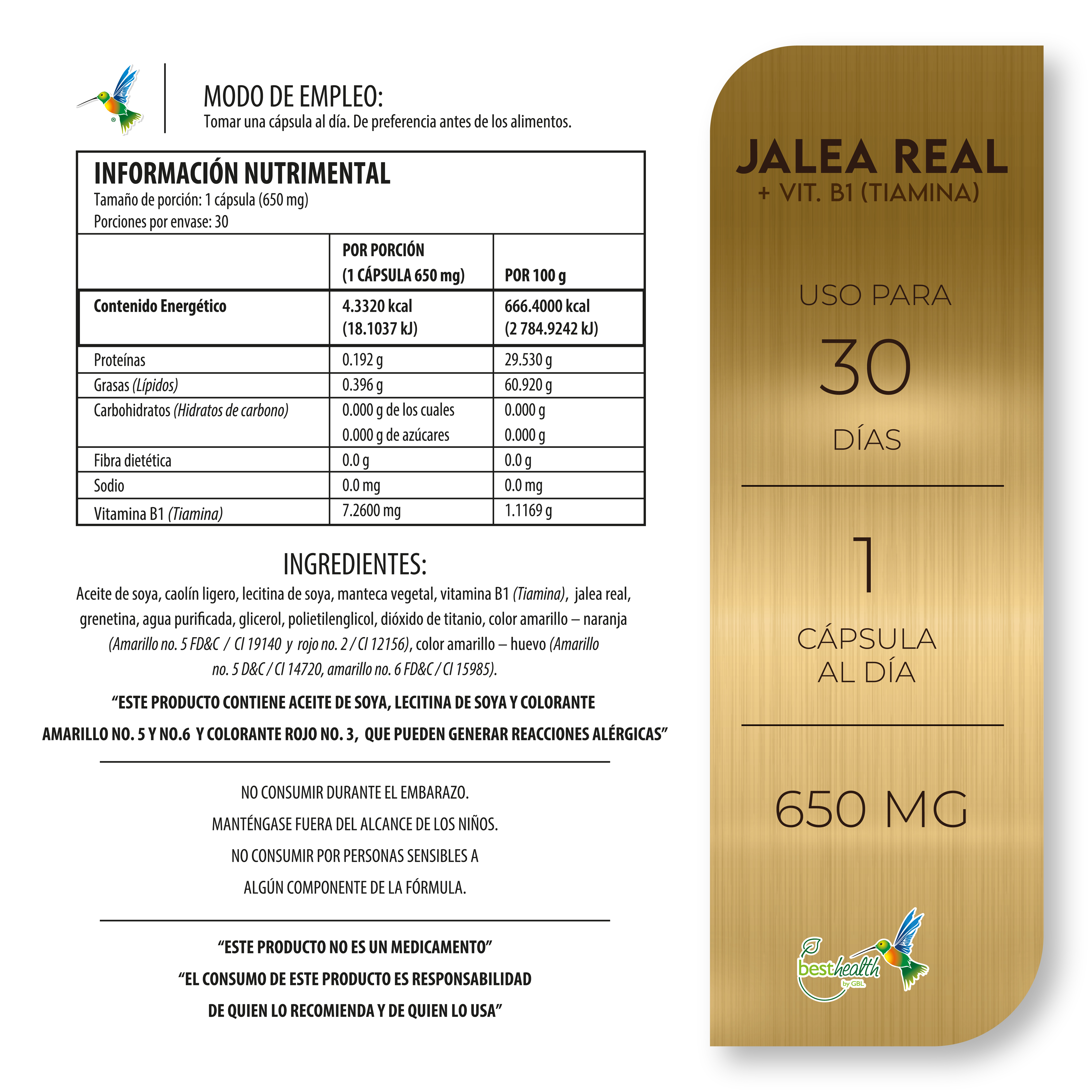 Jalea Real + Vitamina B1 Tiamina 30 Cápsulas Best Health Suplemento Alimenticio