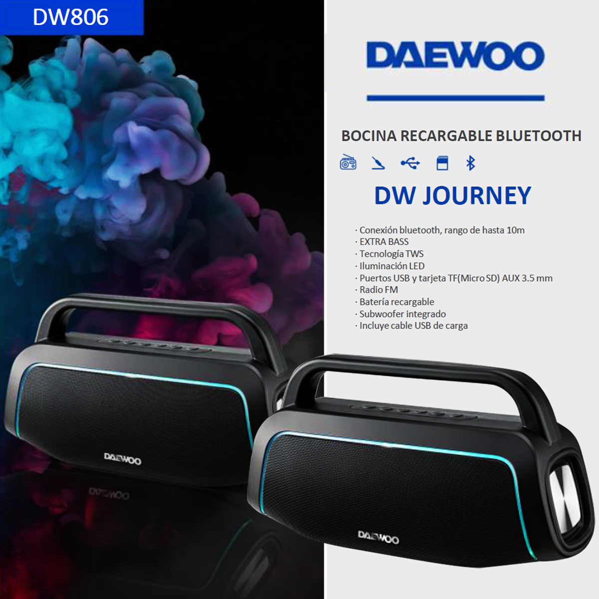 Bocina Inalámbrica Bluetooth Daewoo Recargable Radio Fm Tws Dw-806 Color Negro