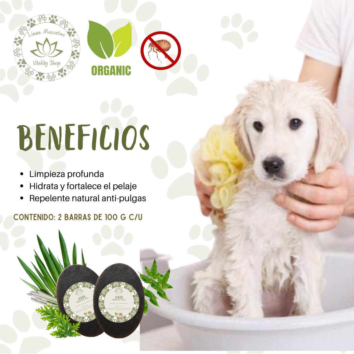 Jabón en barra organico natural Anti pulgas Hidratante Humectante mascotas domesticas 2 pz.