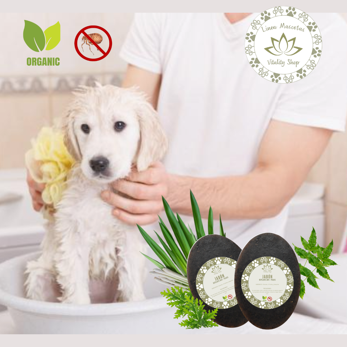 Jabón en barra organico natural Anti pulgas Hidratante Humectante mascotas domesticas 2 pz.