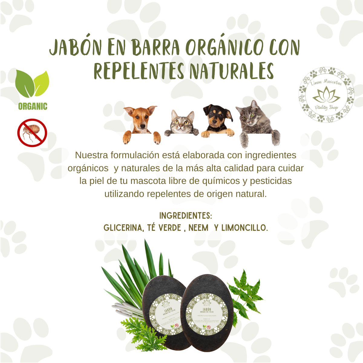 Jabón en barra organico natural Anti pulgas Hidratante Humectante mascotas domesticas 2 pz.