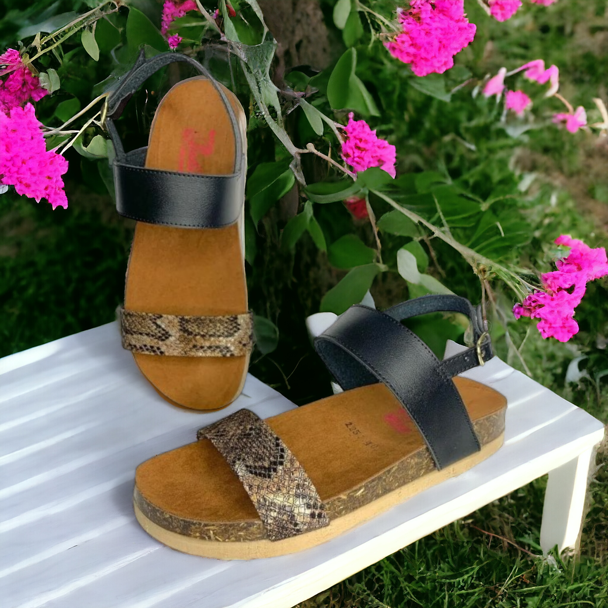 Huarache Mujer Vibora Casual Comodo Negro Corcho LAS CUATAS.