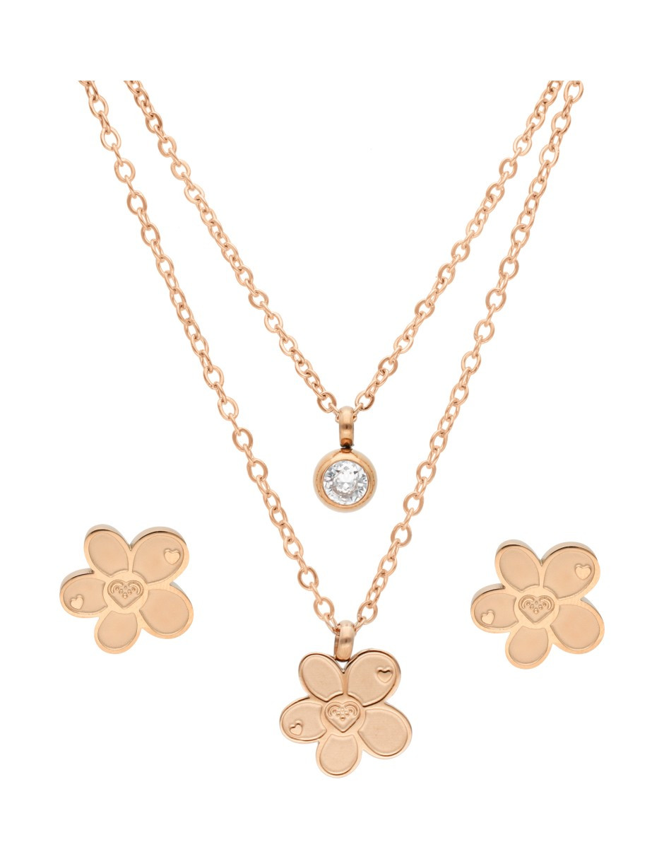 Collar y Aretes NUVI 2 cadenas Flor y Cristal.