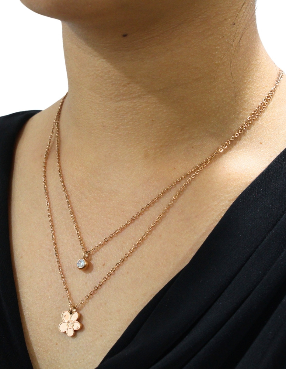 Collar y Aretes NUVI 2 cadenas Flor y Cristal.