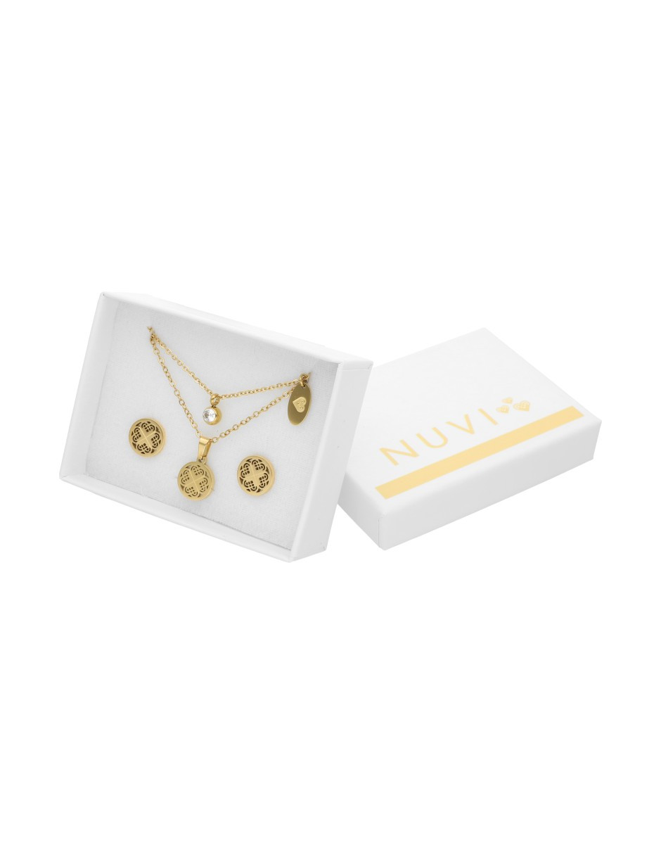Collar y Aretes NUVI Redondo Trebol Perla Madre.