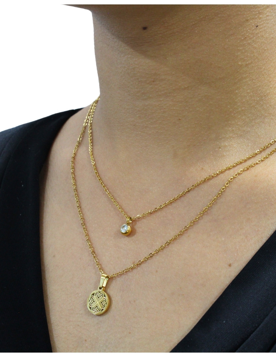 Collar y Aretes NUVI Redondo Trebol Perla Madre.