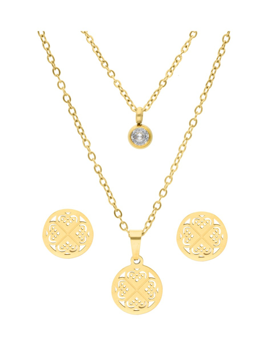 Collar y Aretes NUVI Redondo Trebol Perla Madre.