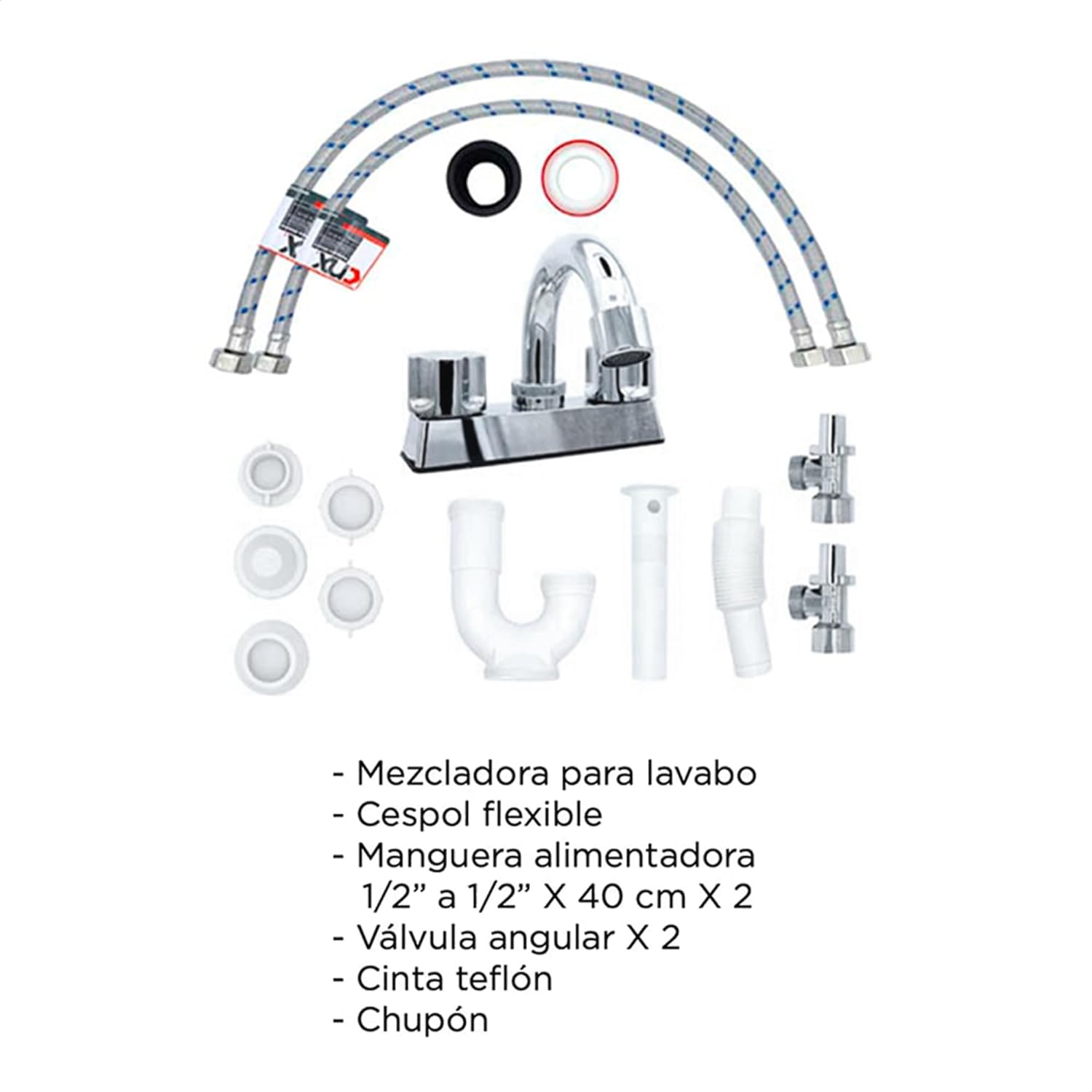  CNX Mezcladora Cromada para Lavabo, con kit de instalación (Incluye: 2x Mangueras, 1x Empaque, 2x Válvulas ángulares, 1x Trampa, 1x Mezcladora)