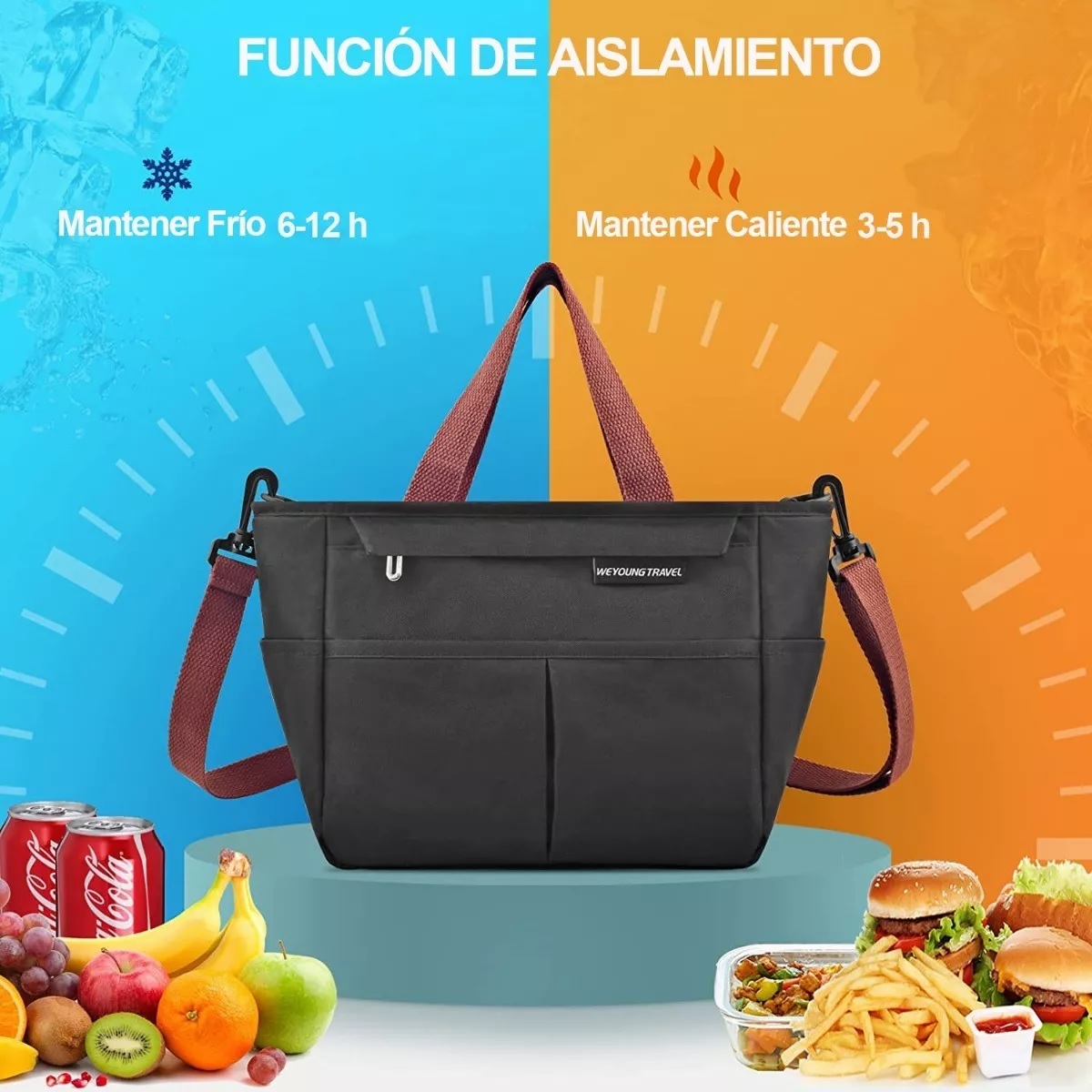 Lonchera Bolsa Térmica Aislamiento Frio Calor Café Con Negro