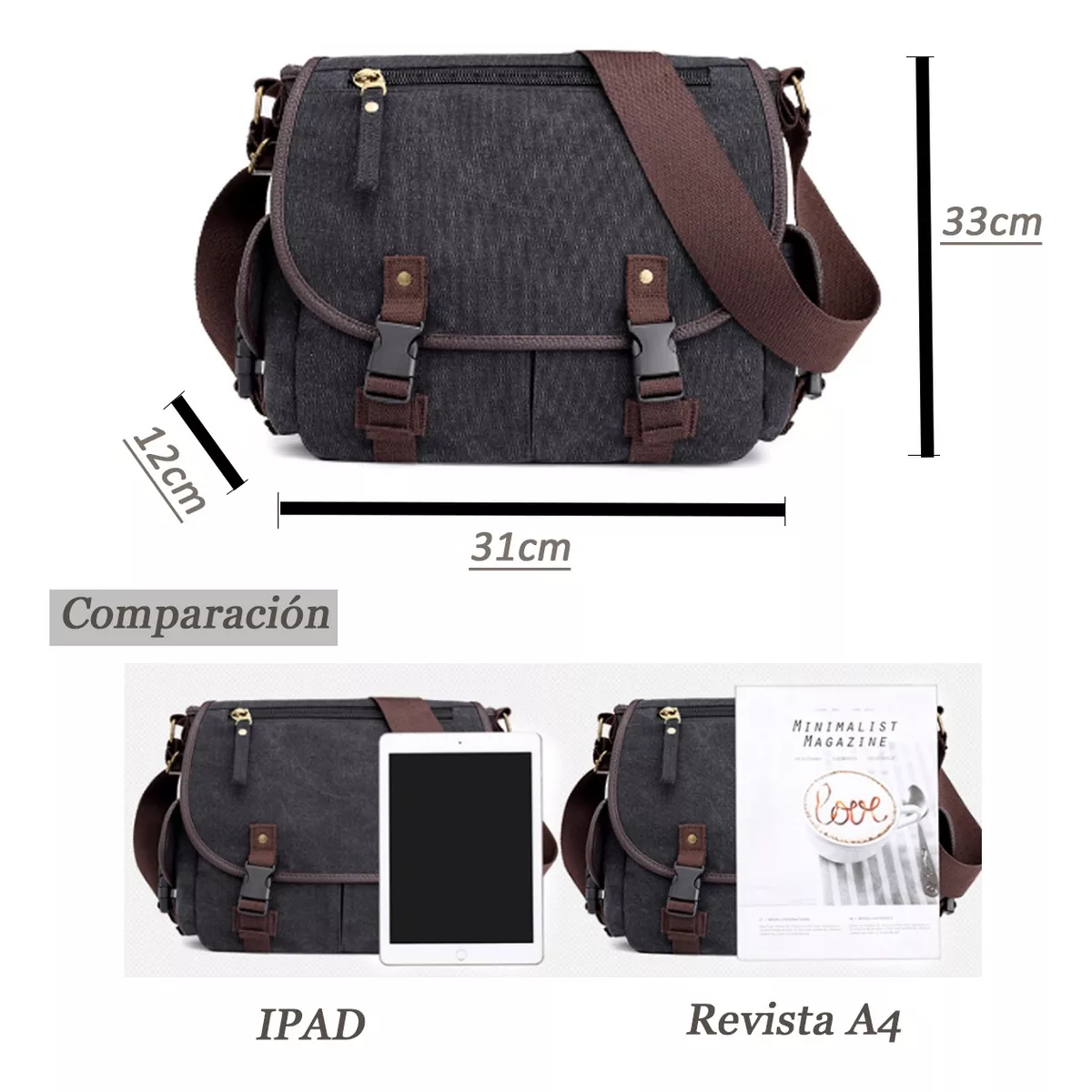 Bolso Hombre Lona Vintage Hombro Bandolera Viaje Casual.