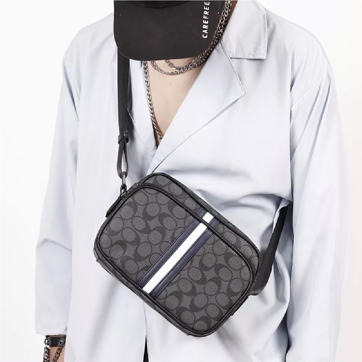 Bandolera De Cuero Hombre Crossbody Ralla Blanca y Azul