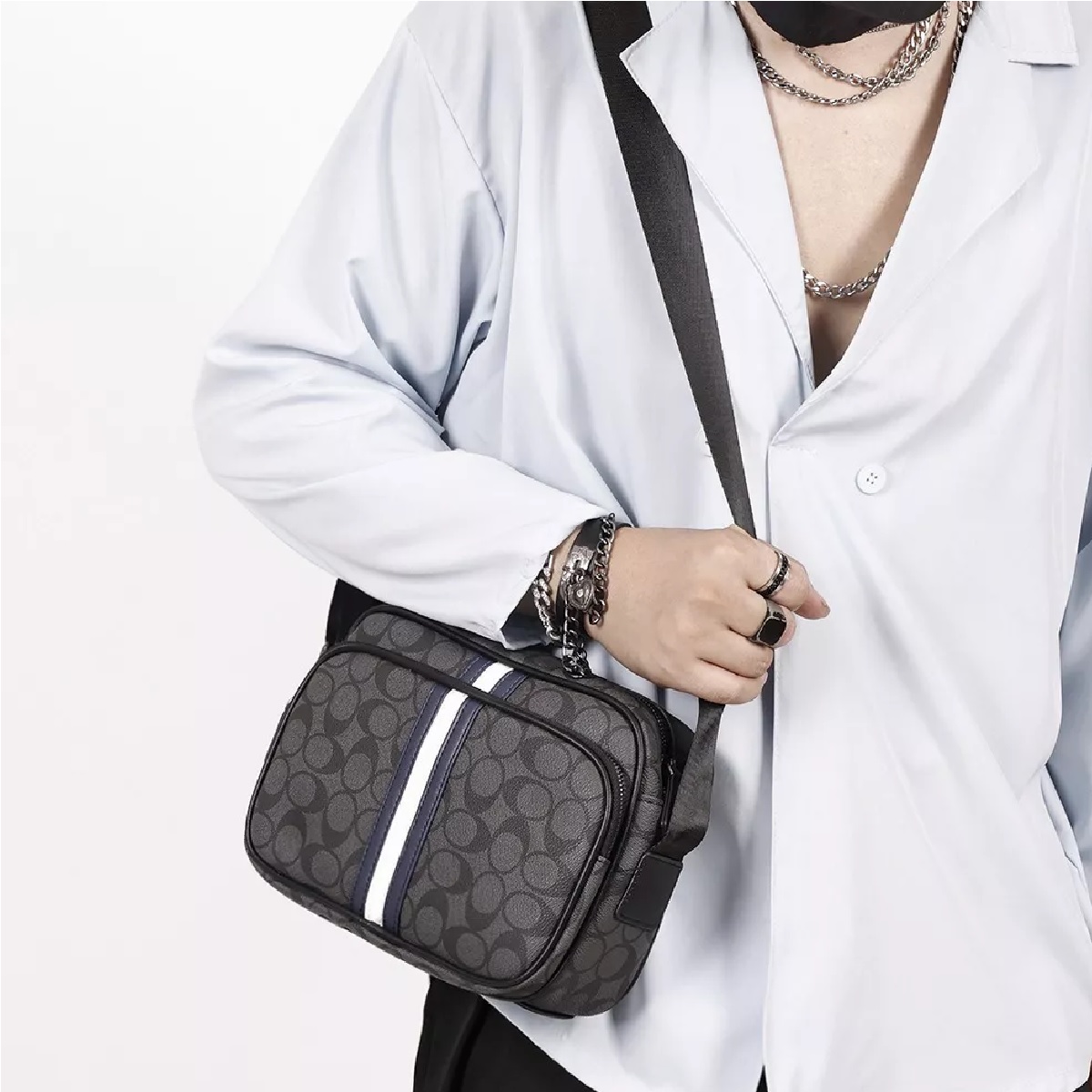 Bandolera De Cuero Hombre Crossbody Ralla Blanca y Azul