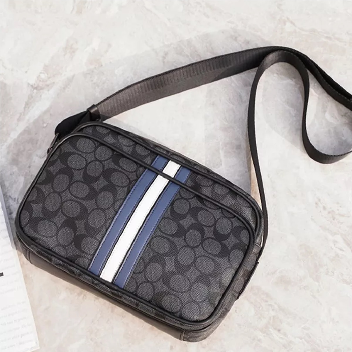 Bandolera De Cuero Hombre Crossbody Ralla Blanca y Azul