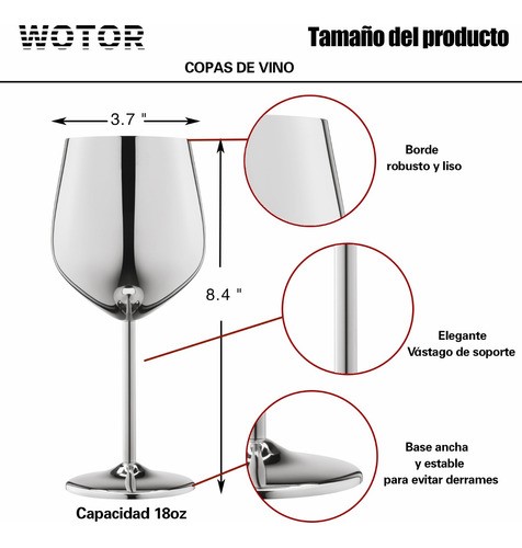 "Copas De Vino De Acero Inoxidable Plateadas 4 pz ".