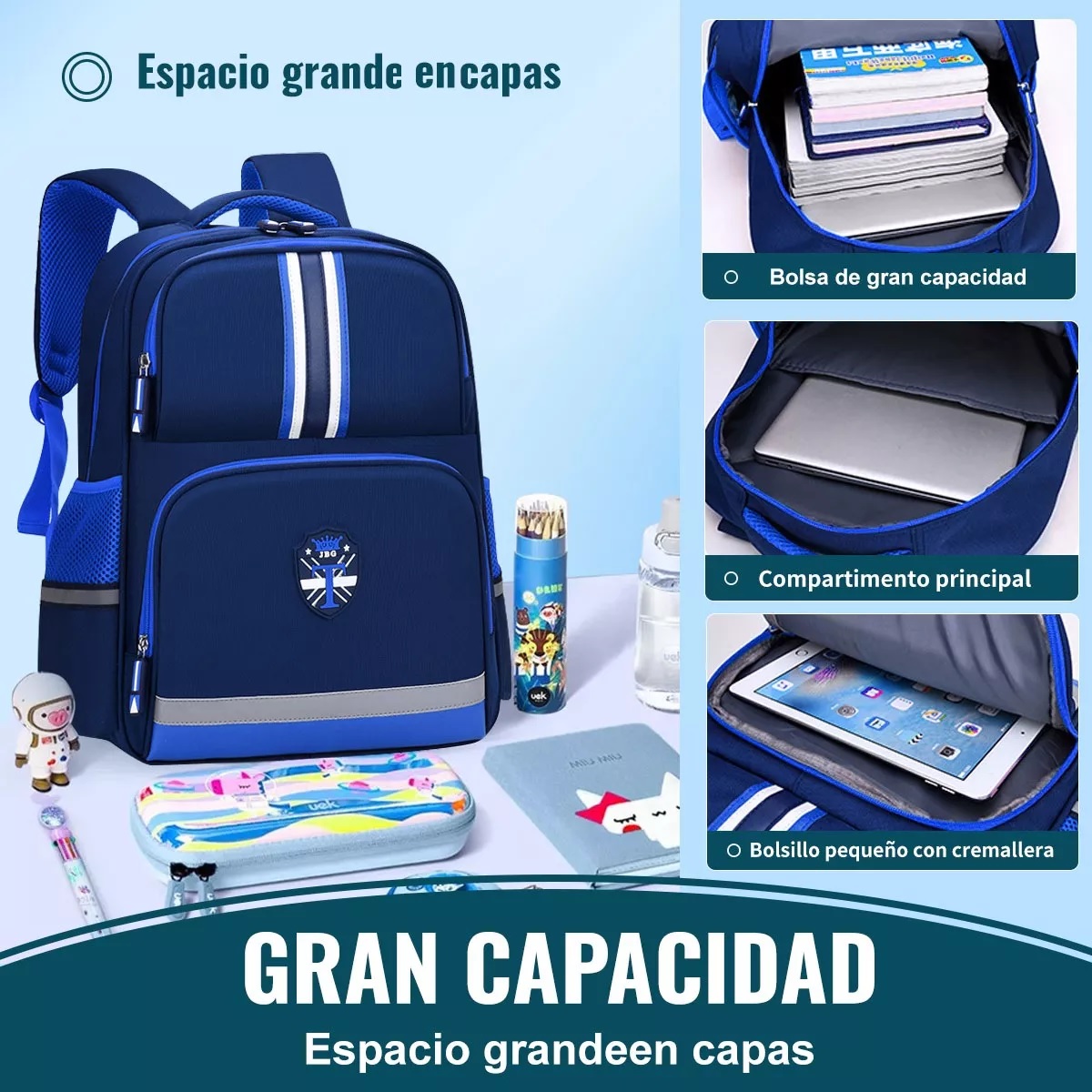 Mochila De Escolar Primaria Impermeable Azul