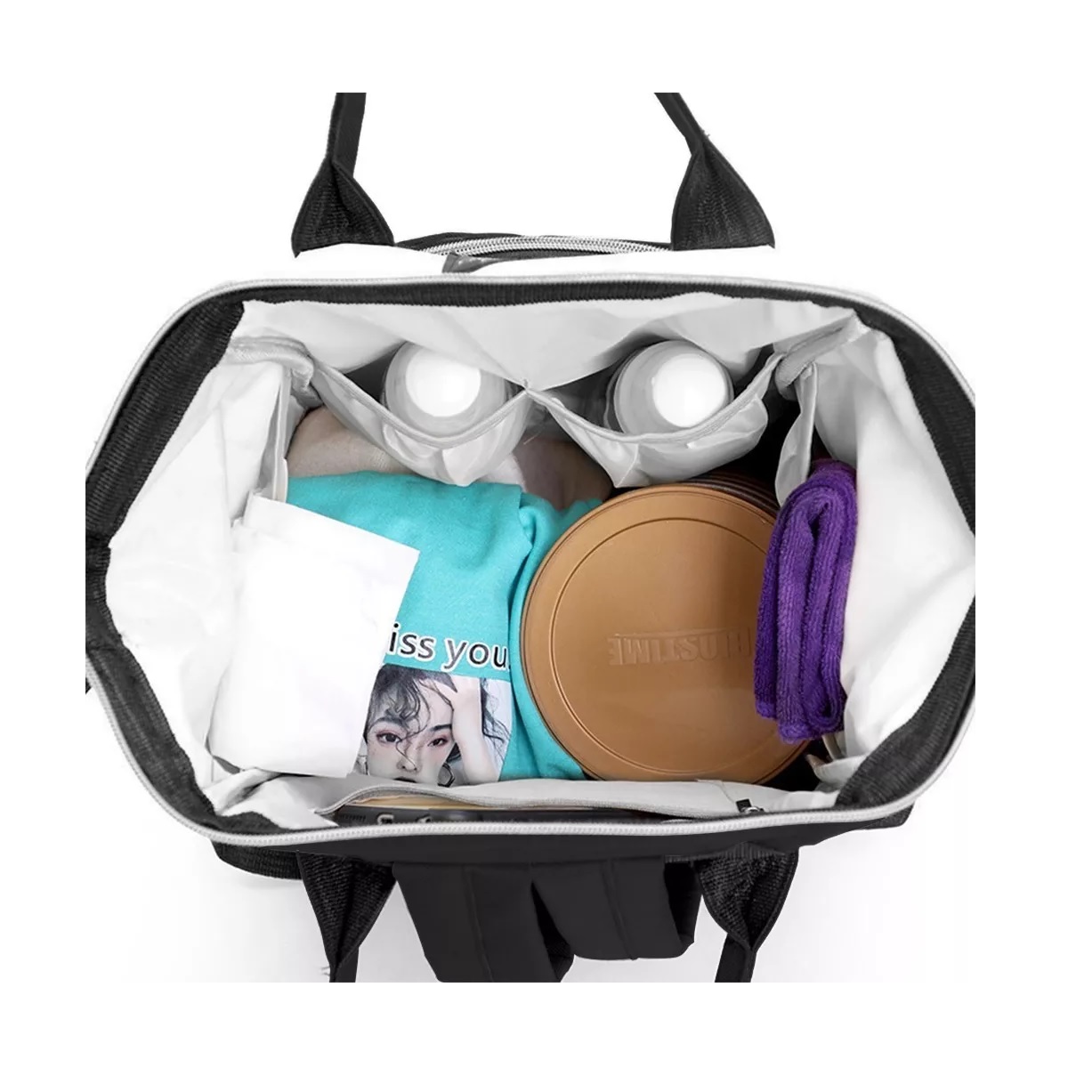 Mochila Pañalera Bebe Térmica Negro Cierre Blanco