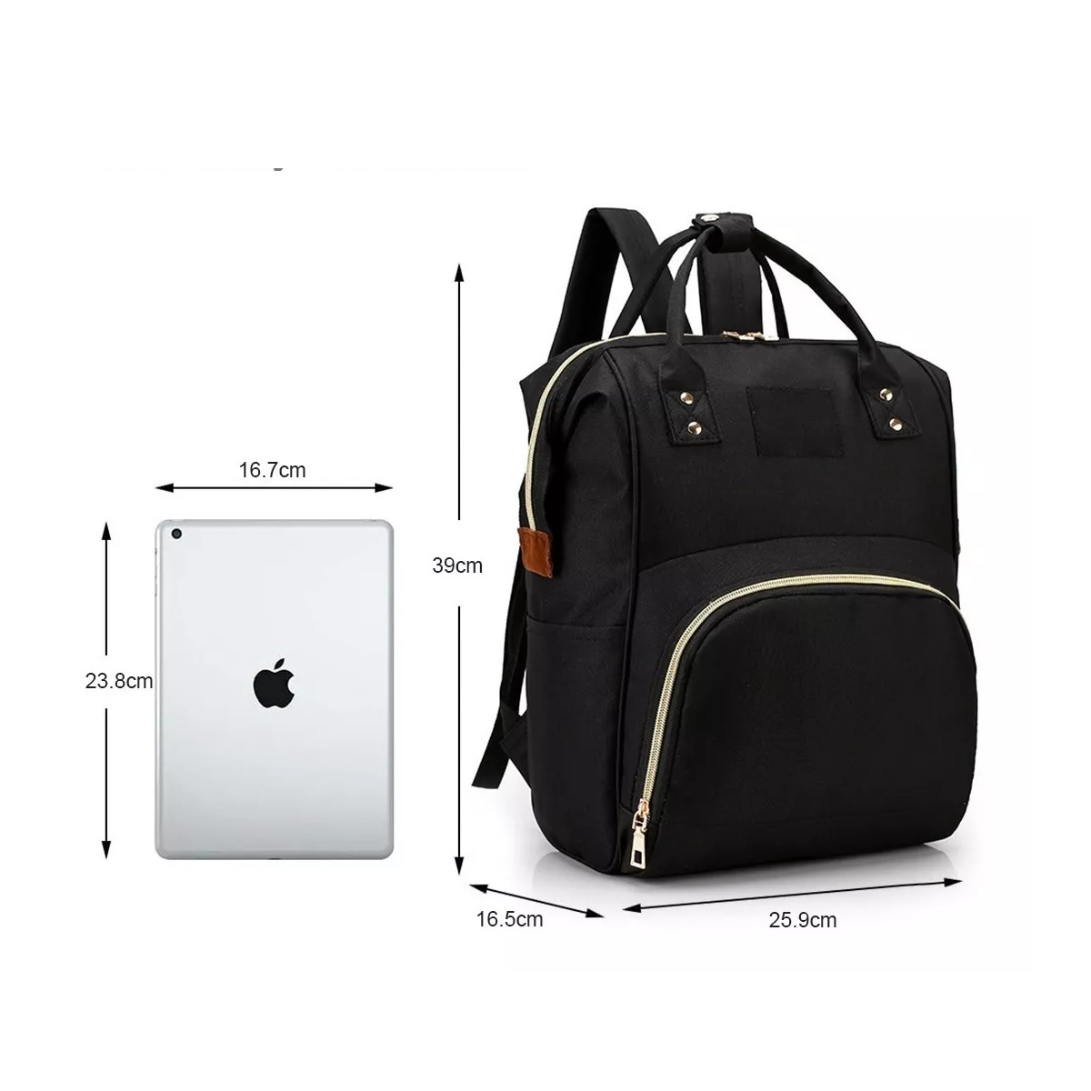 Mochila Pañalera Bebe Térmica Negro Cierre Blanco